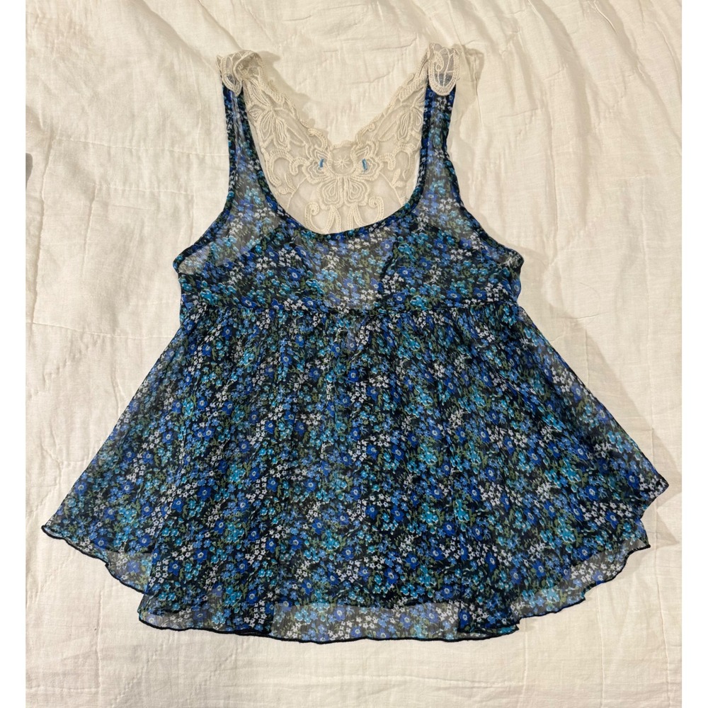 Blue Floral Sheer Babydoll Tank Top with Lace Racerback Detail Small